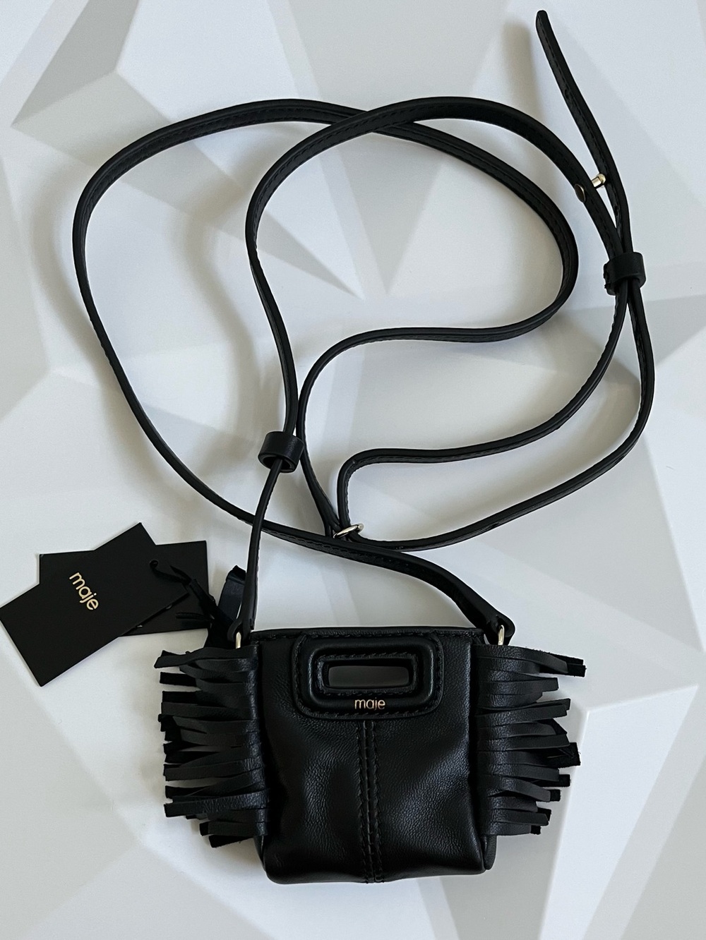 Maje M Nano Black Leather Fringe Mini Crossbody Bag NWT